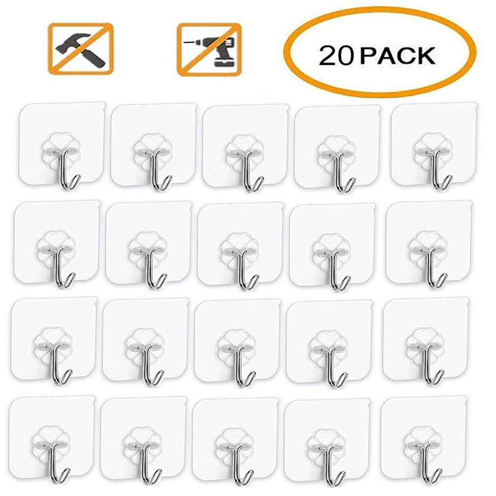 20Pcs/Set Transparent Seamless Self Adhesive Hook Load Bearing 10KG Waterproof Strong Stick Hook Bathroom Kitchen Wall Hanger